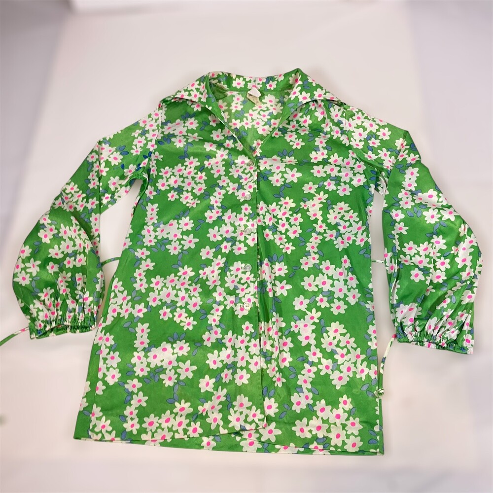 Vintage 1960s Collared Top Floral Polyester Button Front 1970s Hippy Mod Disco